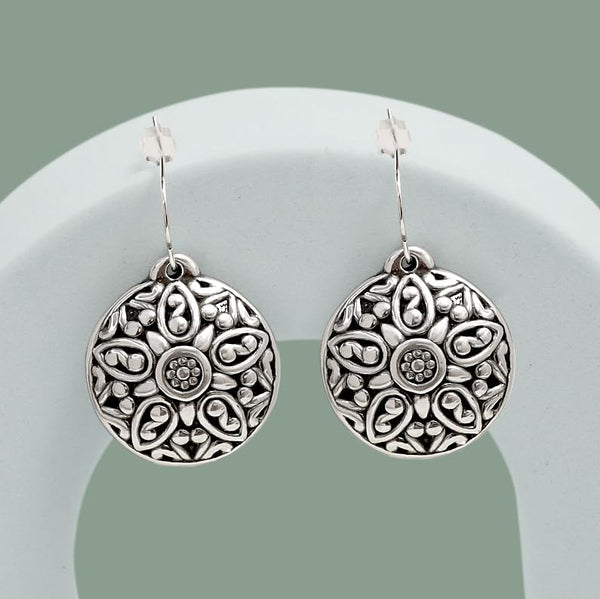 925 Sterling Silver Antique Round Shape Handmade Retro Bali Design French Wire Hook Drop Dangle Earrings for Women