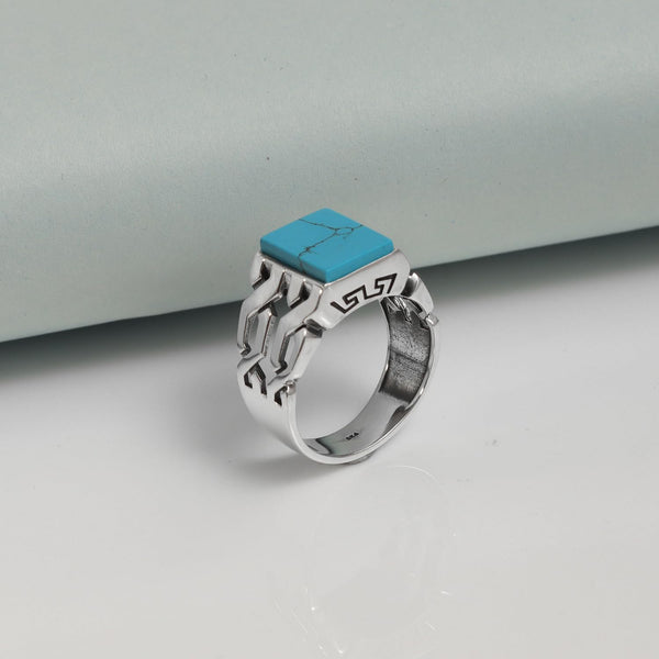 925 Sterling Silver Square Turquoise Stone Handmade Cuban Link Chain Motif Finger Rings for Men