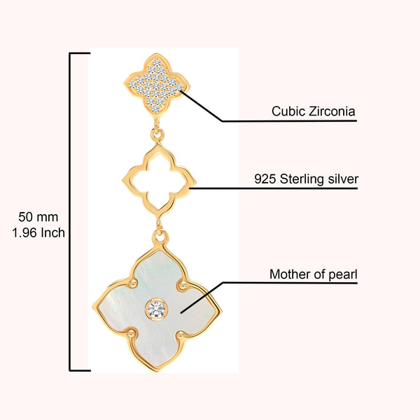 925 Sterling Silver 14K Gold-Plated Mother of Pearl CZ Three Clover Flower Drop Dangle Earrings for Women Teen