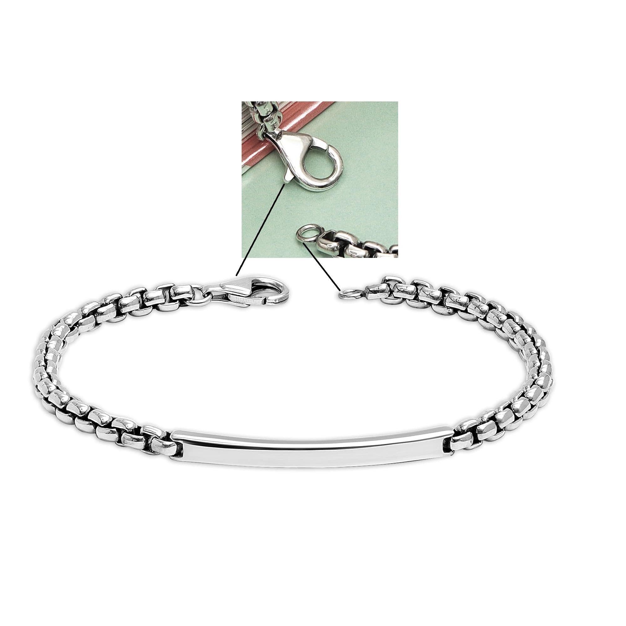 925 Sterling Silver Round Box Chain ID Bracelet for Men and Boys