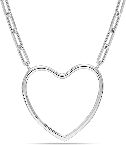925 Sterling Silver Open Heart Paperclip Chain Pendant Necklace for Women Teen