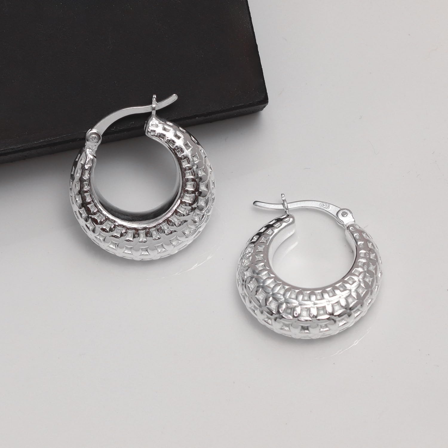 925 Sterling Silver Chunky Round Textured Click-Top Hoop Earrings for Women