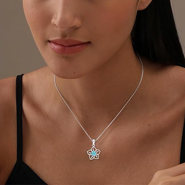 925 Sterling Silver Genuine Sky Blue Topaz Flower Pendant Necklace for Women Teen