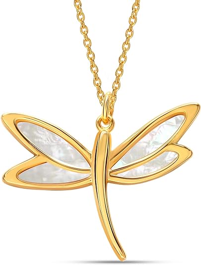 925 Sterling Silver 14K Gold-Plated Cute Mother Of Pearl Butterfly Pendant Necklace for Women