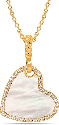 925 Sterling Silver 14K Gold Plated Mother of Pearl Multi Cubic Zirconia Heart Pendant Necklace for Women Teen