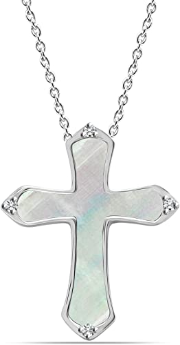 925 Sterling Silver Mother of Pearl Cross Pendant Necklace for Women