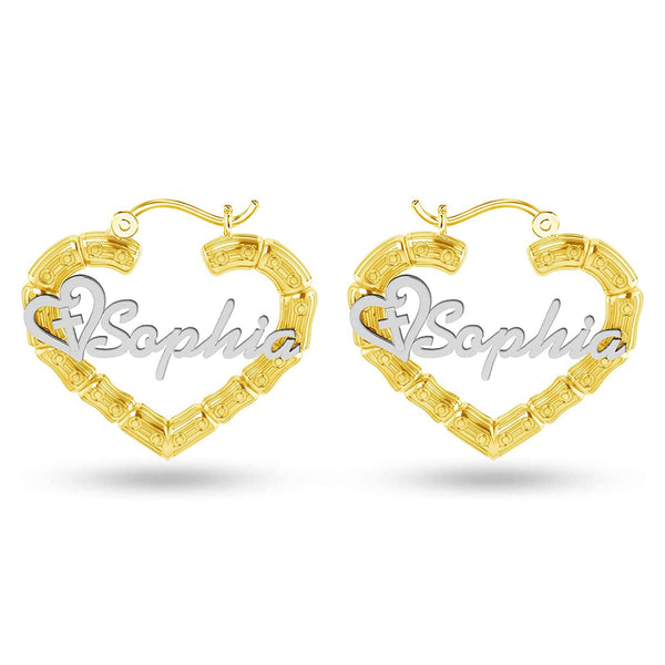 Personalised 925 Sterling Silver Name Heart Bamboo Hoop Earrings with Personalised Photo & Message BOX for Teen Women