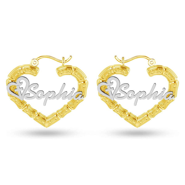 Personalised 925 Sterling Silver Name Heart Bamboo Hoop Earrings for Teen Women