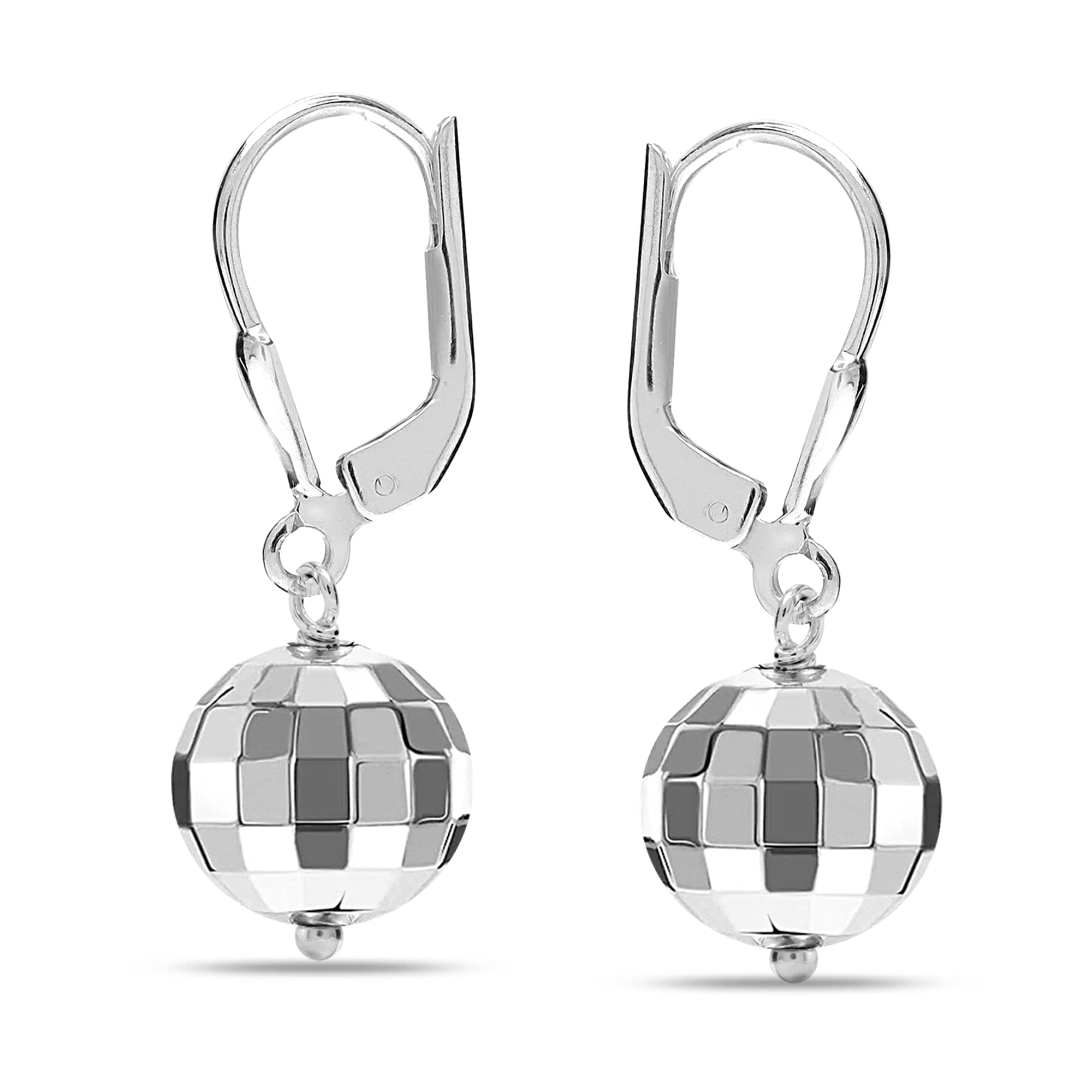 925 Sterling Silver Hammered Mirror Ball LeverBack Disco Ball Drop Dangle Earring for Women