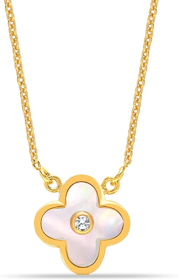 925 Sterling Silver 14K Gold Plated Clover Mother of Pearl Pendant Necklace for Women