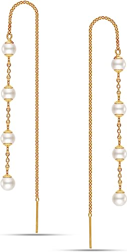 925 Sterling Silver 14K Gold Plated Simulated Pearl Threader Drop Dangle Earrings for Women Teen