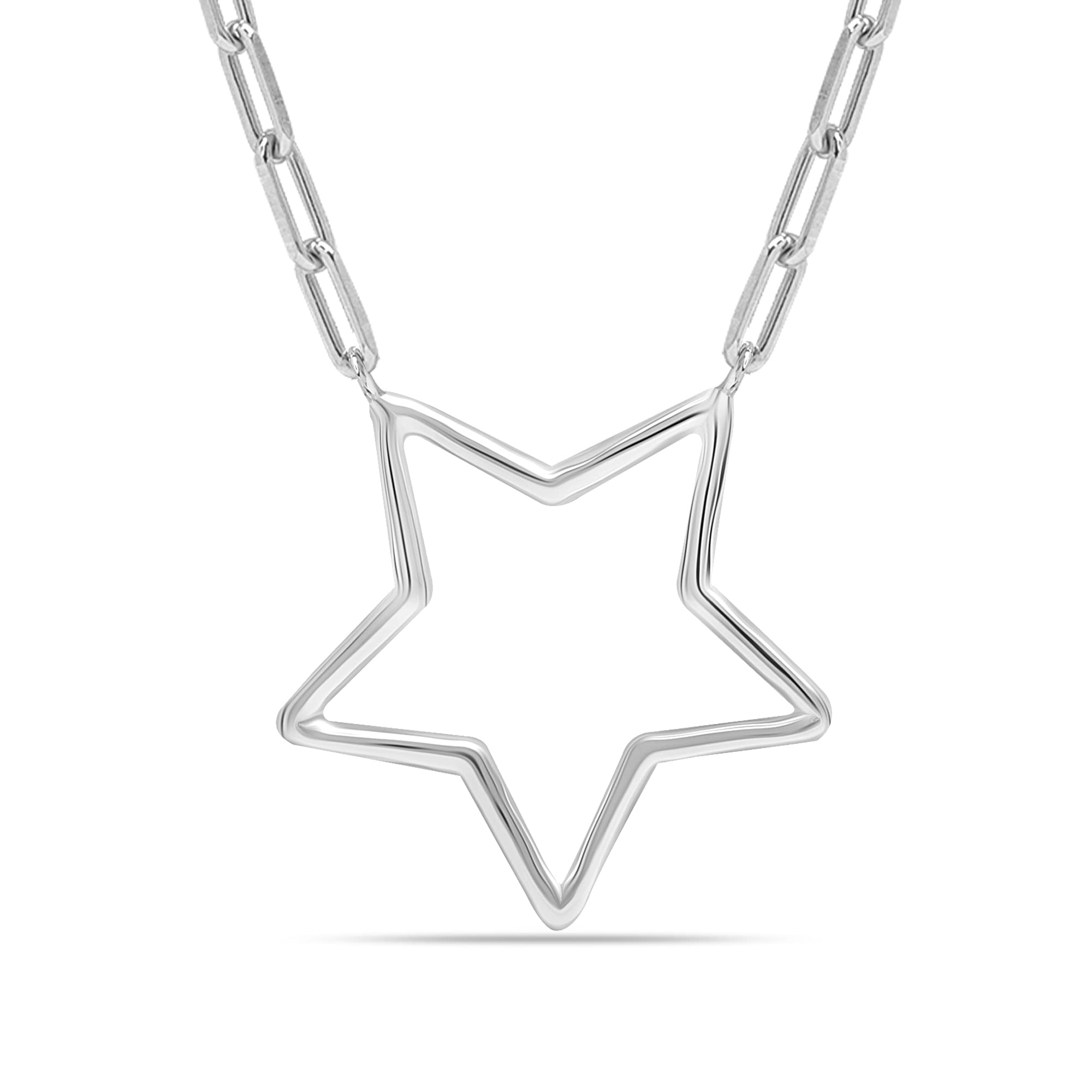 925 Sterling Silver Elegant Open North Star Paperclip Link Chain Pendant Necklace for Women Teen
