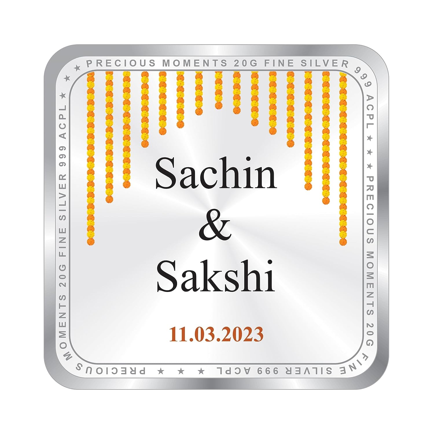 BIS Hallmarked Personalised Silver Square Coin for Newly Married Anniversary 999 Purity