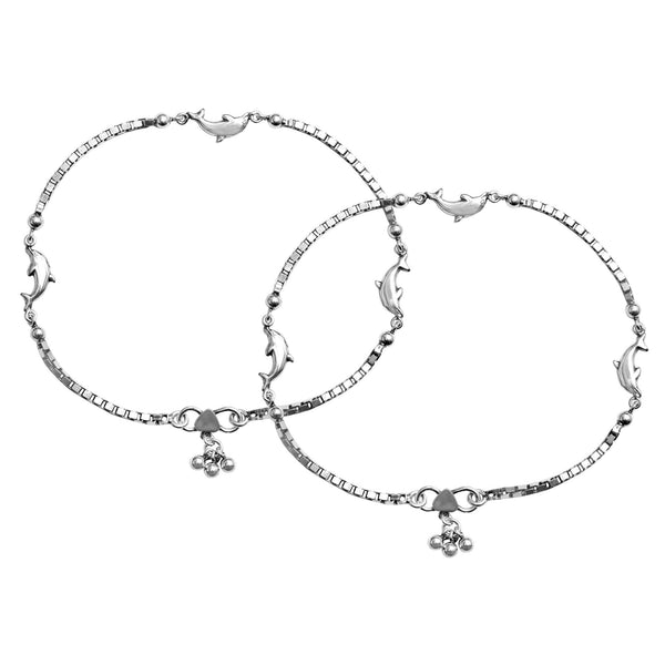 925 Sterling Silver Antique Oxidized Fish with Box Chain Anklets for Women (PAIR ANKLET)