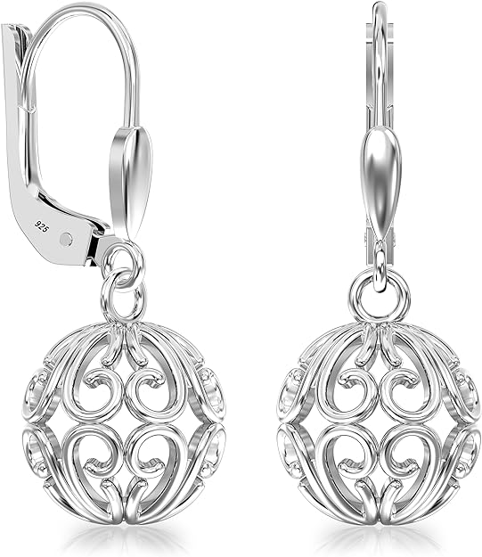 925 Sterling Silver Heart Theme Filigree Ball Leverback Dangle Earrings for Teen Women