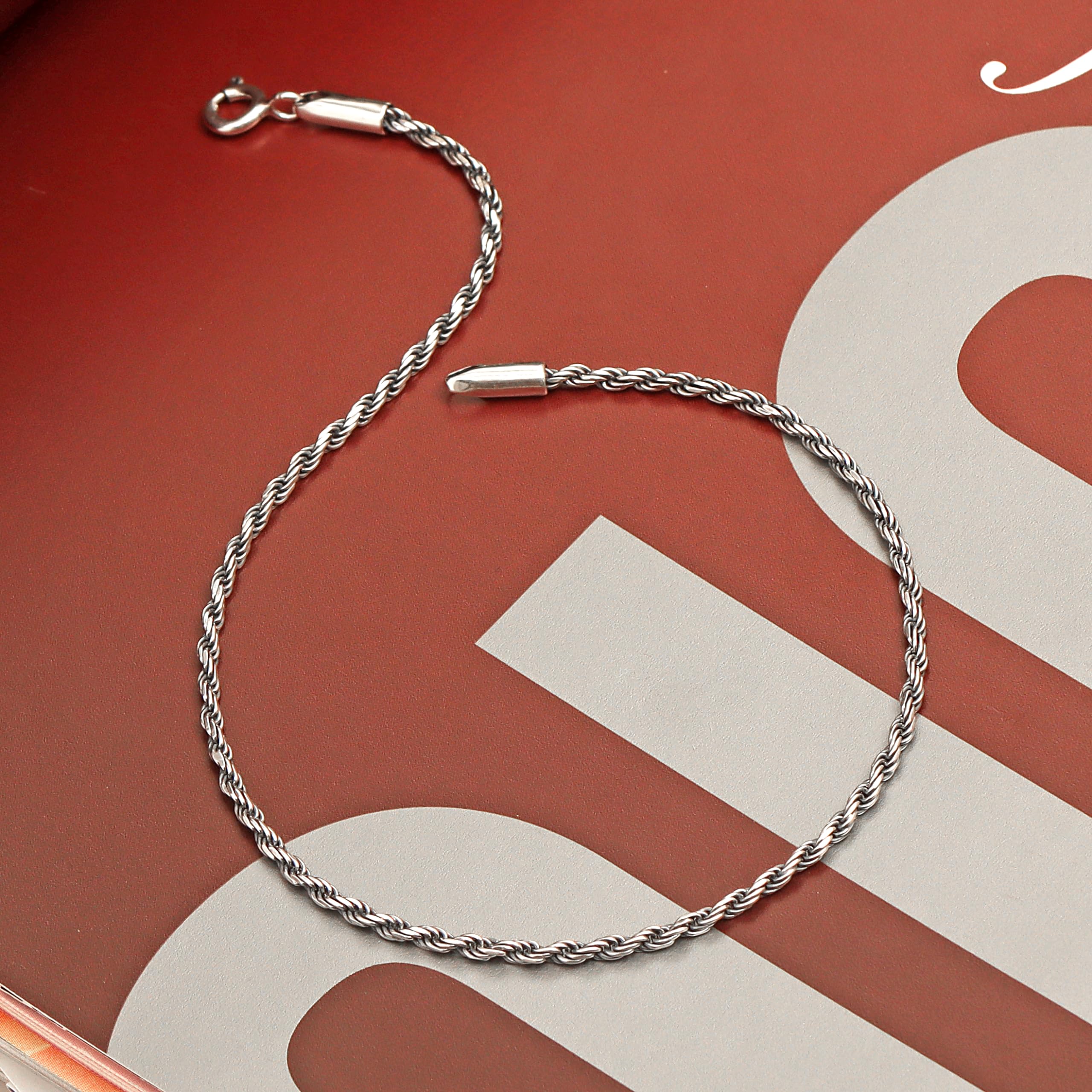 925 Sterling Silver Lightweight 1.8mm Diamond-Cut Braided Rope Chain Anklets for Women (SINGLE ANKLET)