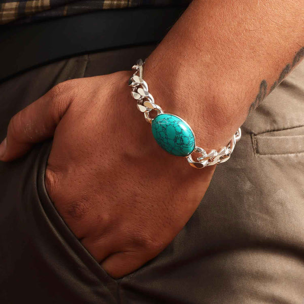 925 Sterling Silver Curb Chain Turquoise Stone Salman Khan Bracelet for Men