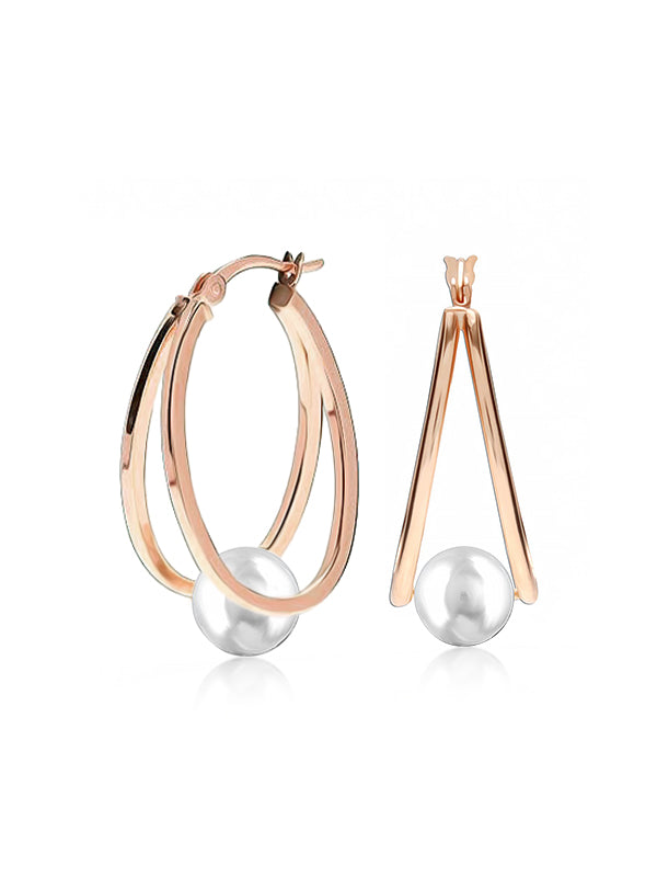 Rose Gold Pearl Oval Hoops