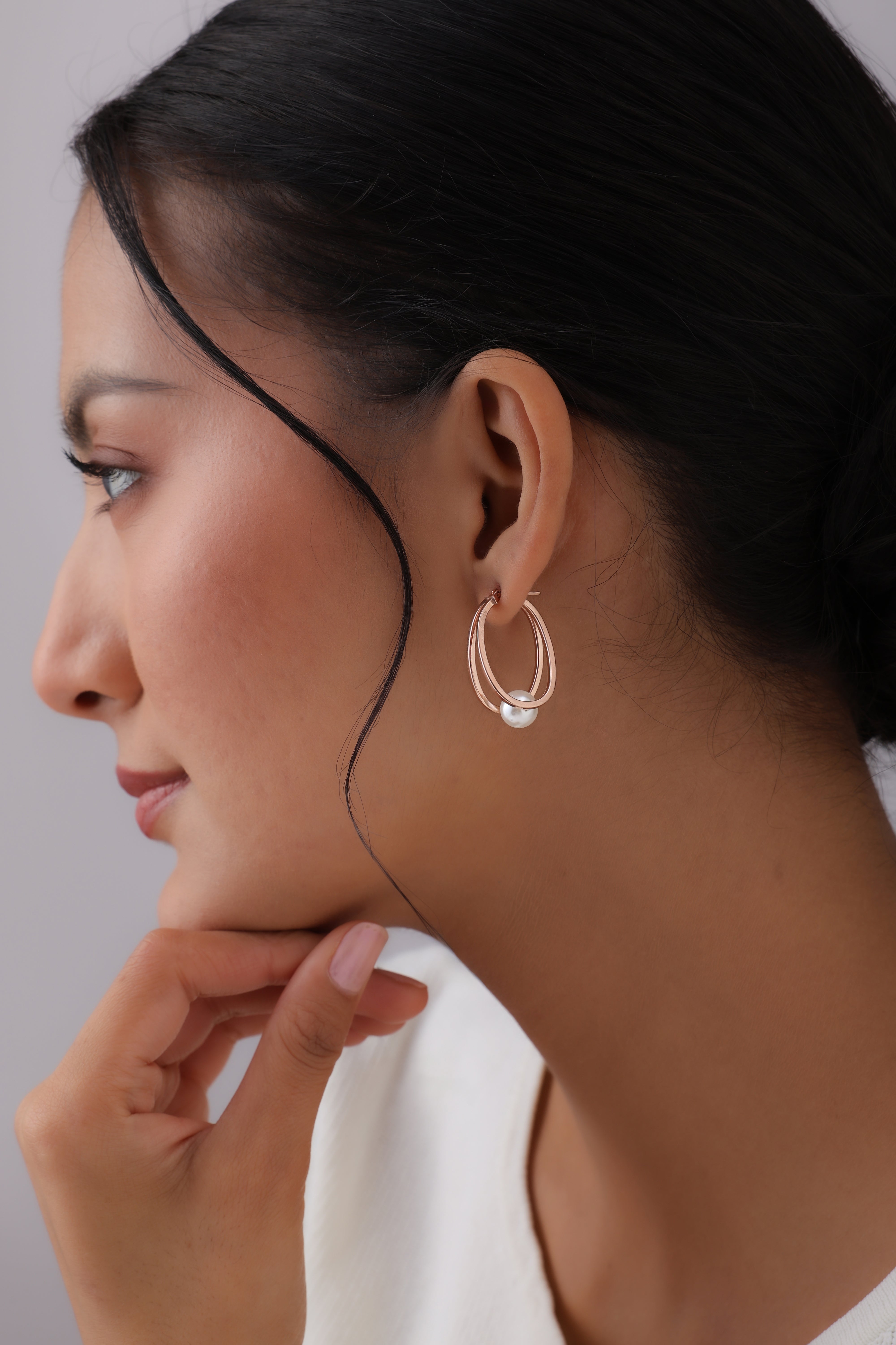 Rose Gold Pearl Oval Hoops