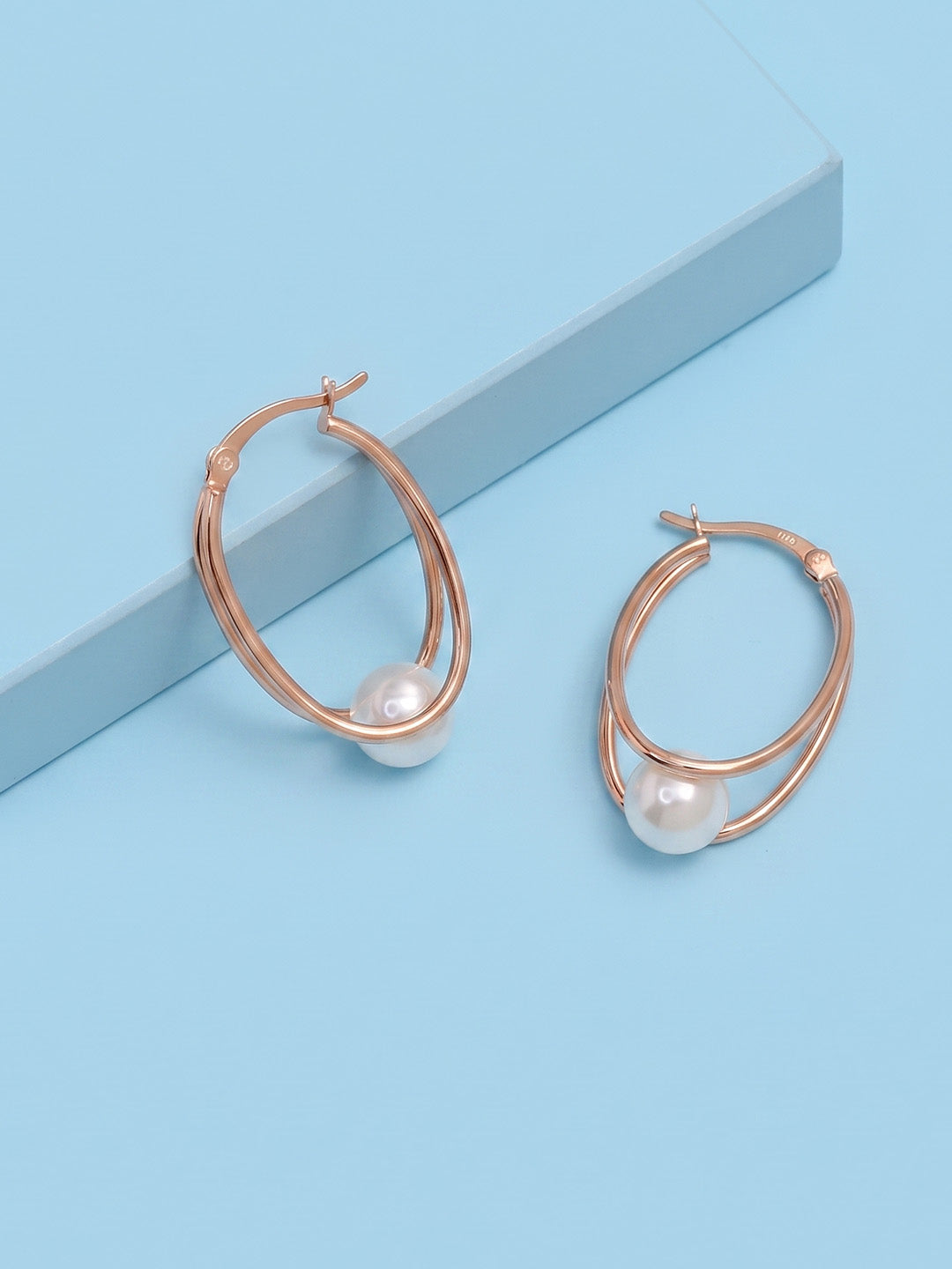 Rose Gold Pearl Oval Hoops