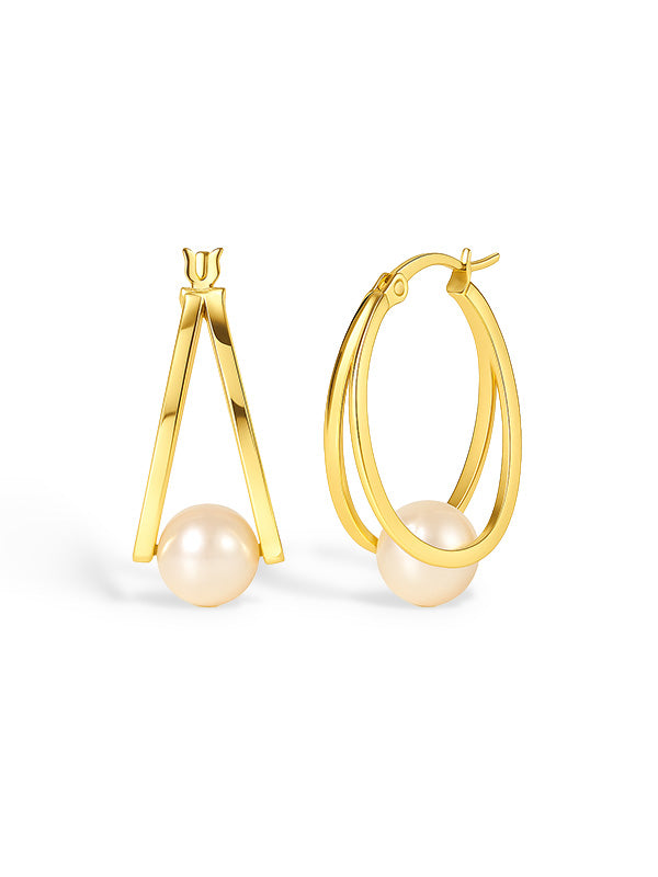 Silver Pearl Oval Hoops