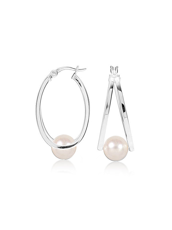 Silver Pearl Oval Hoops