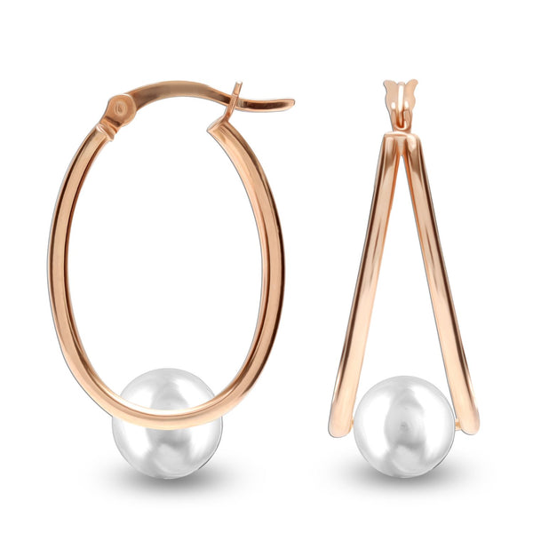 925 Sterling Silver Pearl Oval Hoop Rose Gold Plated Earrings for Teen Women