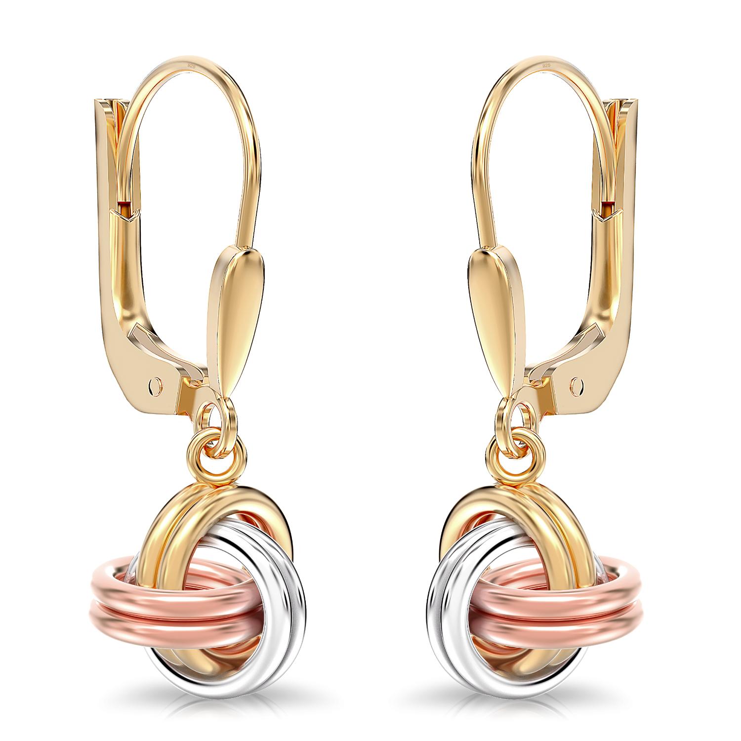 925 Sterling Silver Three-Tone Love-Knot Leverback Light-Weight Drop Dangle Earrings for Women 26 MM