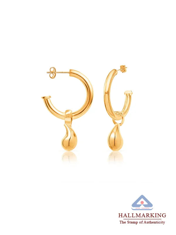 Gold-plated aquadrop dangle hoop earrings with hallmark
