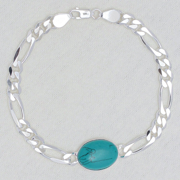 925 Sterling Silver Designer Figaro Chain Turquoise Stone Salman Khan Bracelet for Men and Boys 8.5 Inches