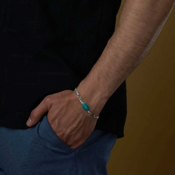 925 Sterling Silver Designer Figaro Chain Turquoise Stone Salman Khan Bracelet for Men and Boys 8.5 Inches