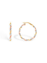 Pair of hoop earrings with a gold and rose gold finish on a white background