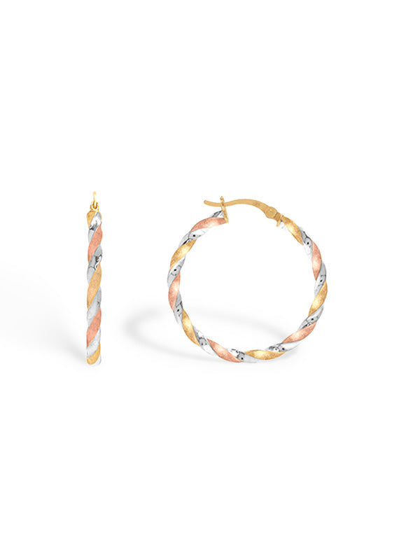 Pair of hoop earrings with a gold and rose gold finish on a white background