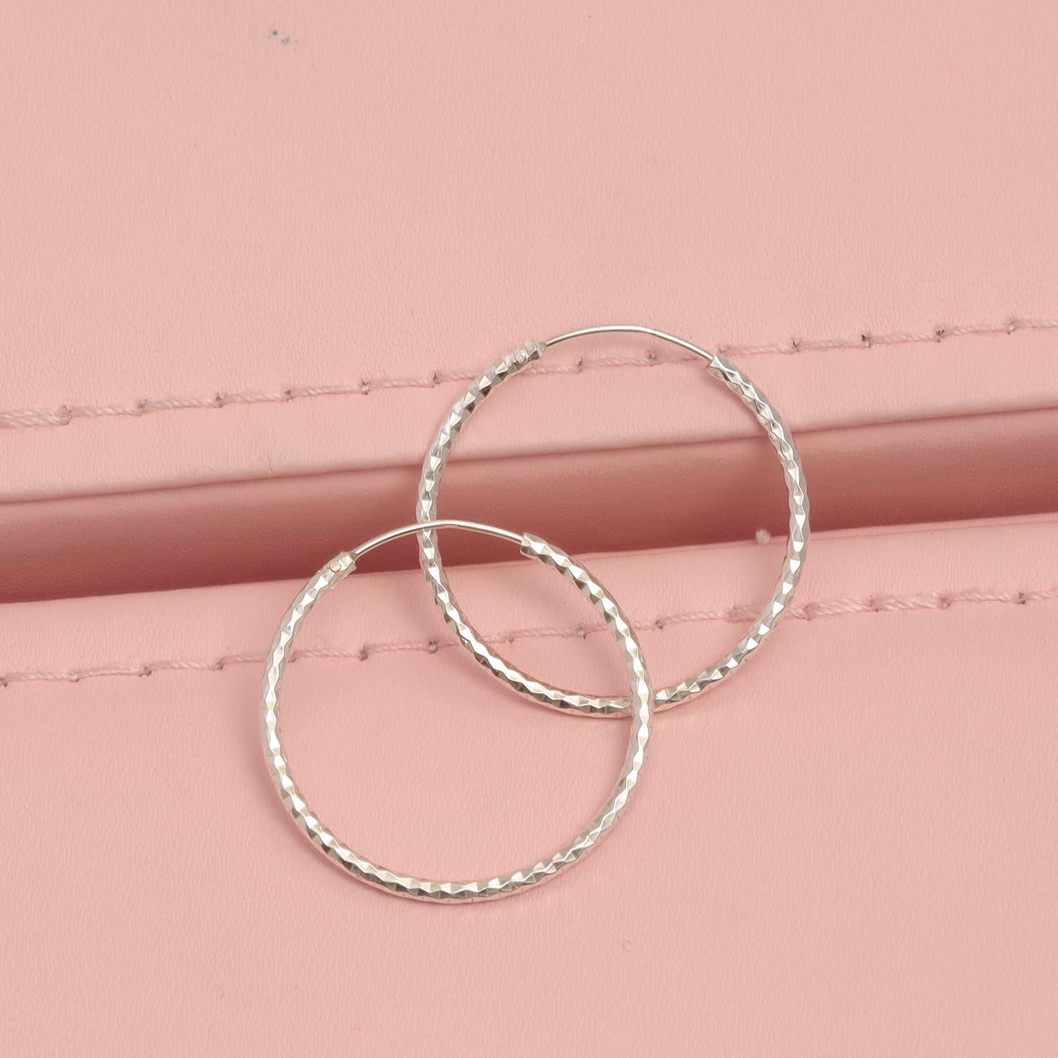 925 Sterling Silver Endless Lightweight Diamond-Cut Textured Round Shape Hinged Hoop Earrings for Women Teen