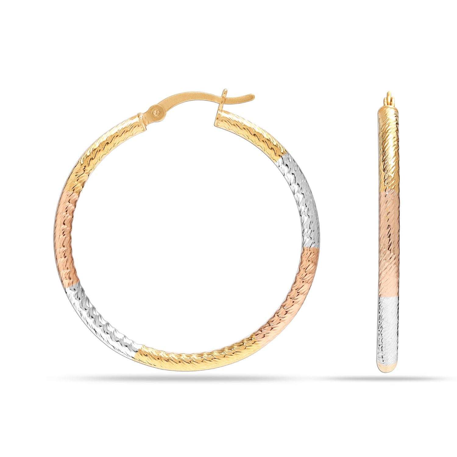 925 Sterling Silver Jewellery Three-Tone Textured Round Light-Weight Hoop Earrings for Women 35mm
