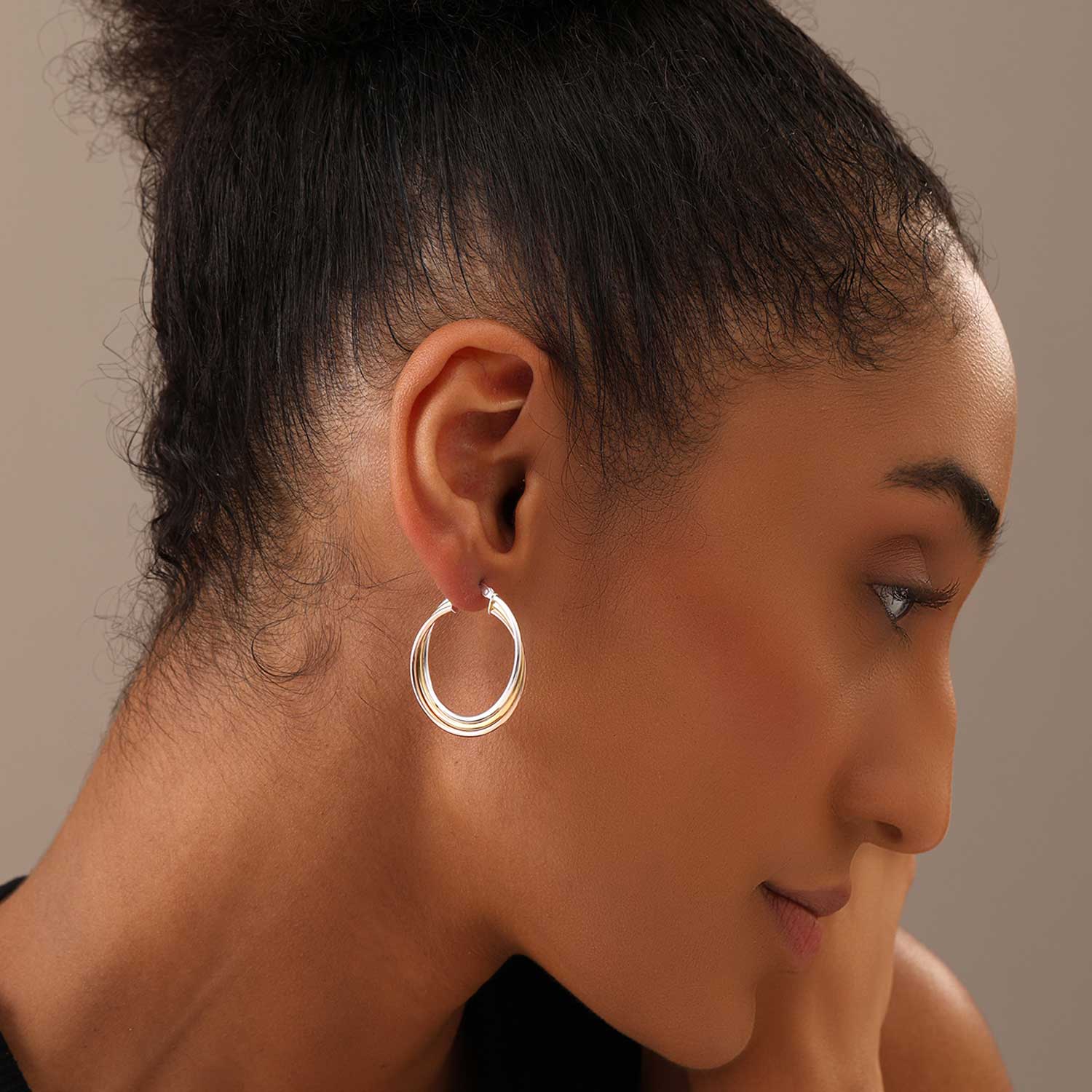 925 Sterling Silver Light-Weight Three-Tone Intertwining Round Tube Polished Hoop Earrings for Women 33MM