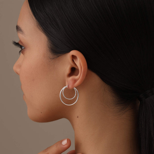 925 Sterling Silver Textured Lightweight Circular Double Layered Hoop Earrings for Women Teen