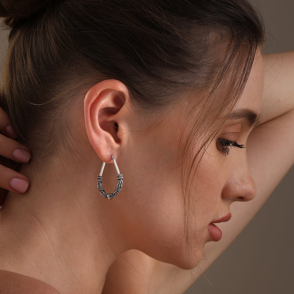 925 Sterling Silver Antique Vintage Balinese Art Inspired Boho Tribal Oval Shape Hoop Earrings for Women