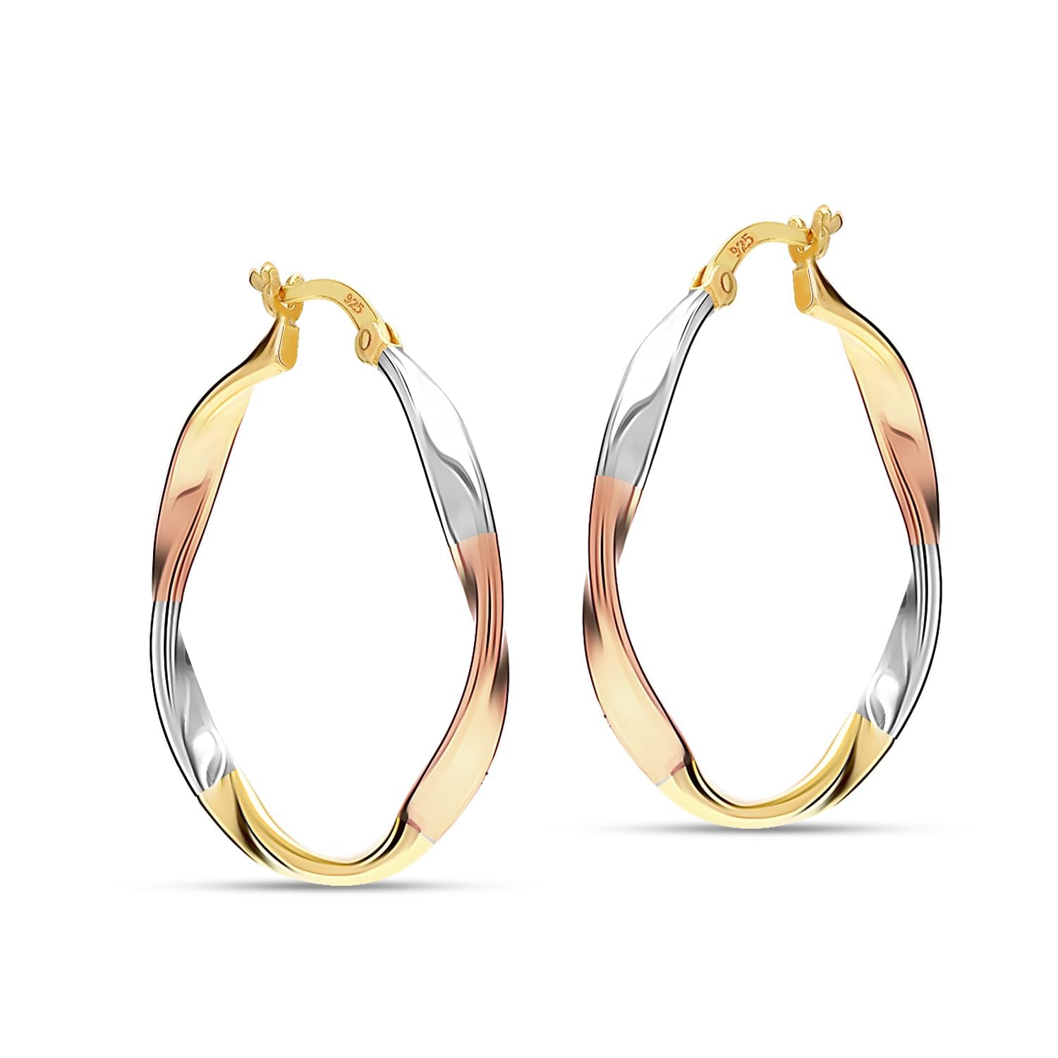925 Sterling Silver 14K Gold-Plated Three-Tone Lightweight Twist Round Hoop Earrings for Women