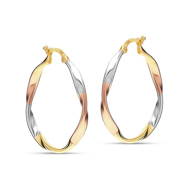 925 Sterling Silver 14K Gold-Plated Three-Tone Lightweight Twist Round Hoop Earrings for Women
