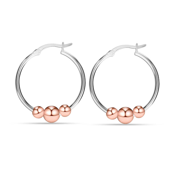 925 Sterling Silver 14K Rose-Gold Plated Light-Weight Round Two-Tone Bead Ball Hoop Earrings for Women