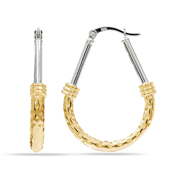 925 Sterling Silver Jewellery Two-Tone Oval Diamond-Cut Italian Design Click-Top Hoop Earrings for Women