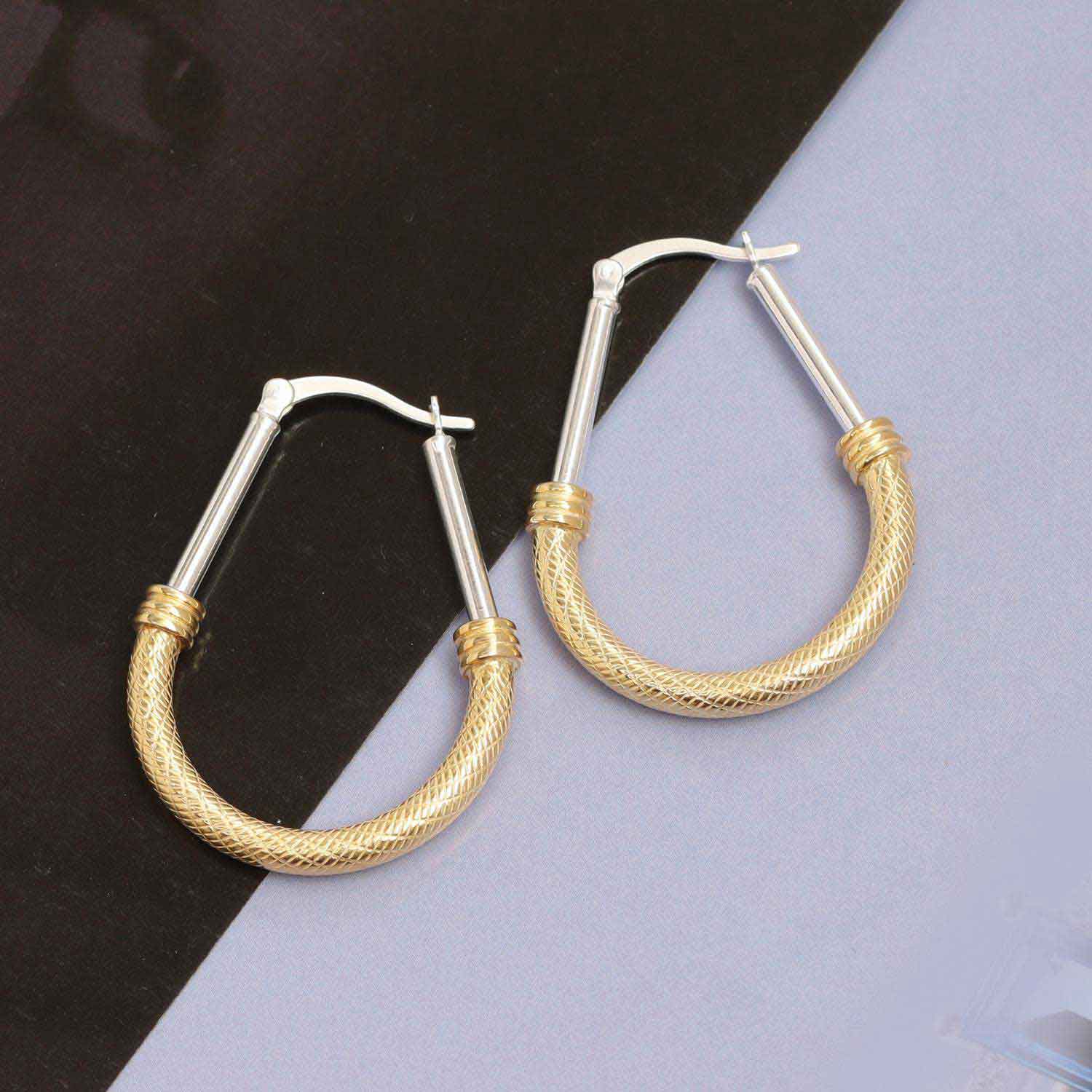 925 Sterling Silver Jewellery Two-Tone Oval Diamond-Cut Italian Design Click-Top Hoop Earrings for Women