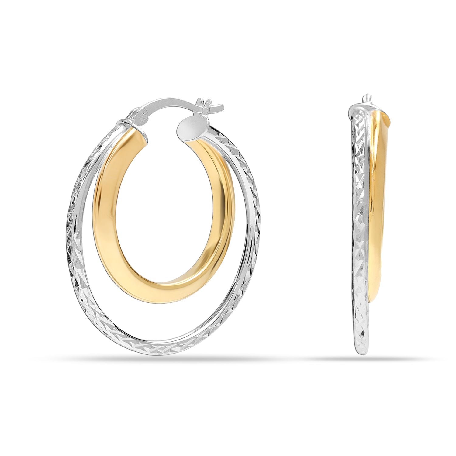 925 Sterling Silver Jewellery Two-Tone Diamond-Cut Double-Circle Click-Top Hoop Earrings for Women 30 MM
