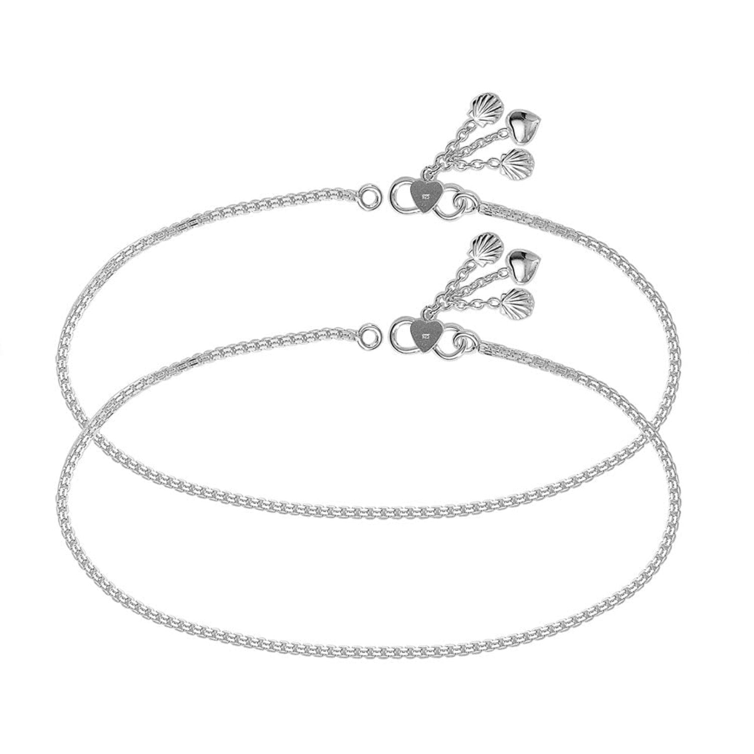 925 Sterling Silver Heart Shell Anklet Pair for Women (PAIR ANKLET)