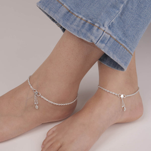 925 Sterling Silver Hanging Heart with Bells Modern Floral Anklet for Women (PAIR ANKLET)