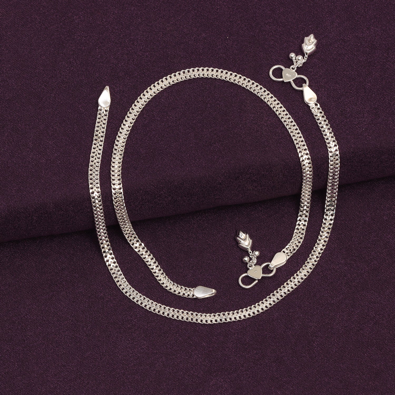 925 Sterling Silver Leaf Charm Curb Chain Anklet for Women (PAIR ANKLET)