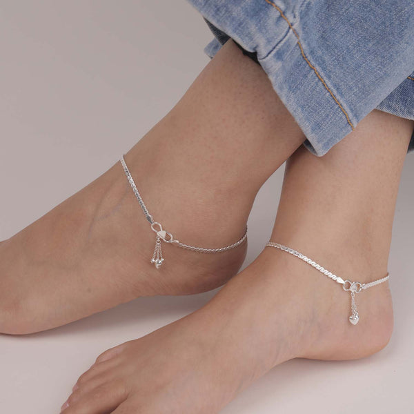925 Sterling Silver Hanging Heart with Bells Modern Floral Anklet for Women (PAIR ANKLET)