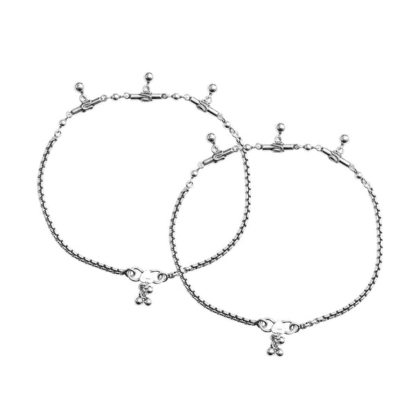925 Sterling Silver Oxidised Silver Antique Chain Ball Bead Anklets for Women (PAIR ANKLET)