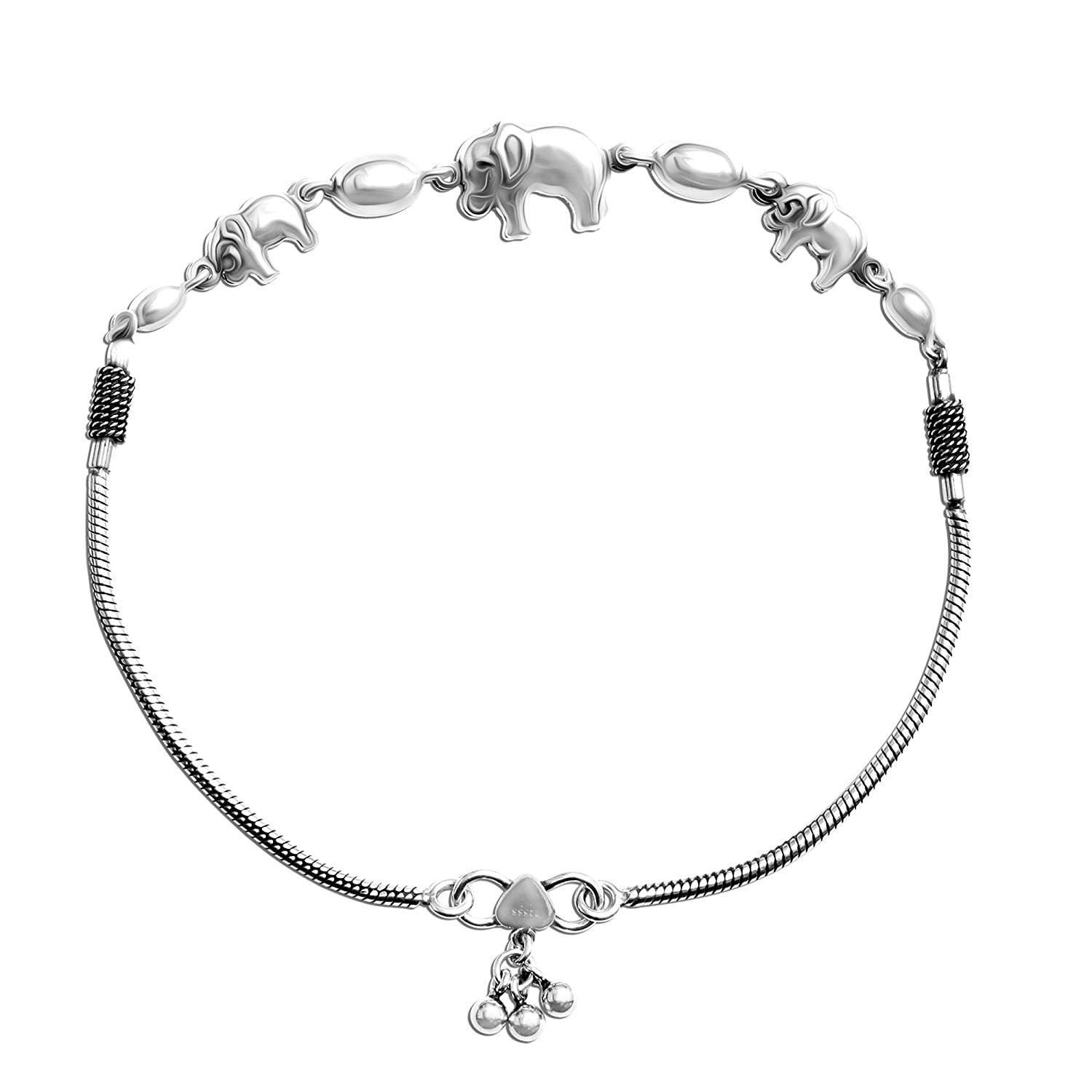 925 Sterling Silver Antique Oxidized Elephant with Snake Chain Anklets for Women